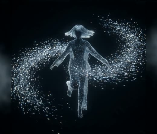 The glittering figure turns in a spiral of glitter. Cut